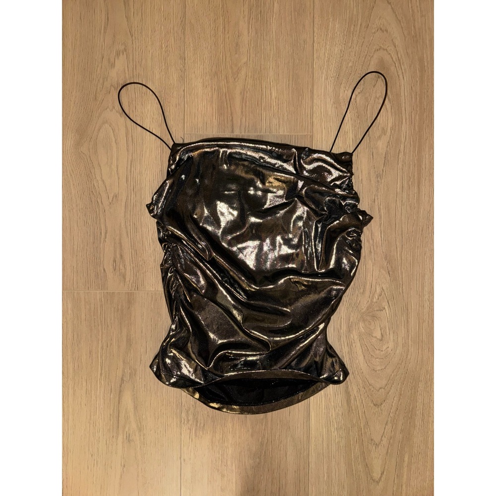 H&M Silver Metallic Ruched Camisole Top Women Small Spaghetti Strap Top